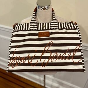 Henri Bendel Striped Canvas Tote Bag Brown White Signature Large